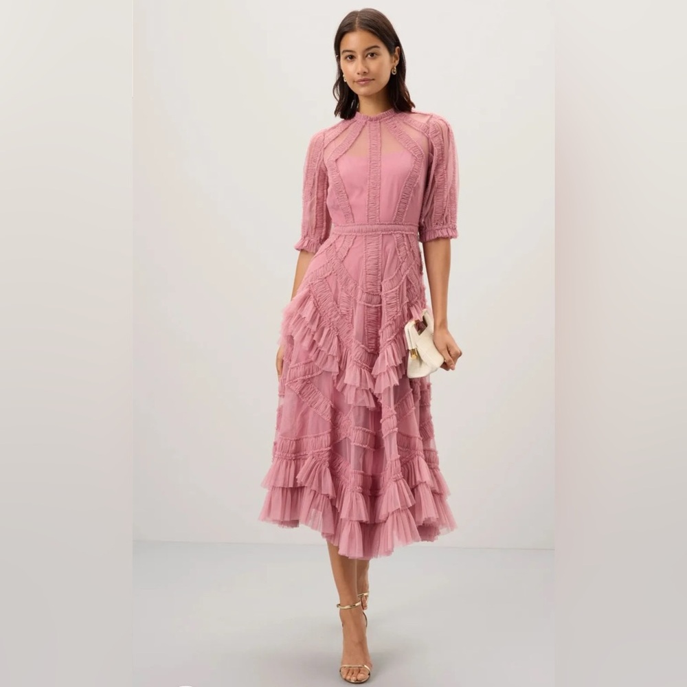 Mac Duggal Mauve Pink Lace-Trim Midi Dress